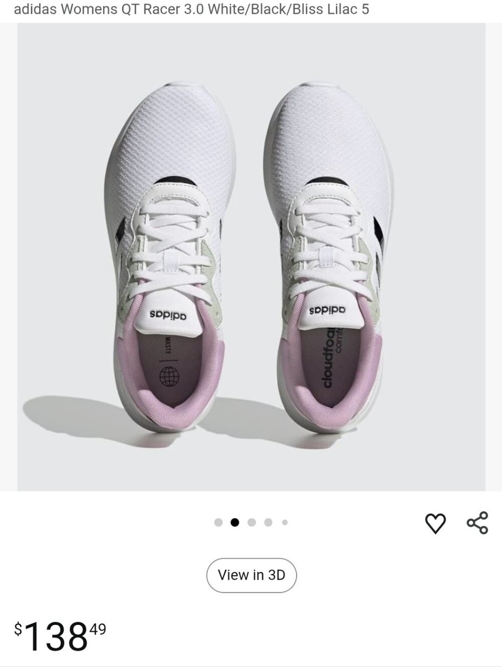 Adidas Women's QT Racer 3.0 Running Shoes – White/Black/Lilac – Size 8.5 BNIB